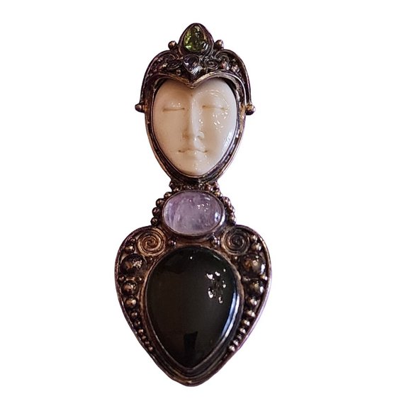 Vintage Sajen 925 Sterling Huge Semi Precious Goddess Pendant Brooch (A2119) - Picture 1 of 6